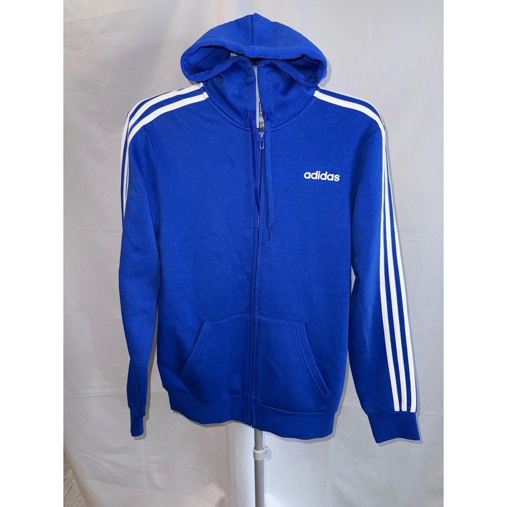 Adidas Mens Essentials 3-Stripes Full Zip Hoodie Royal Blue White Small